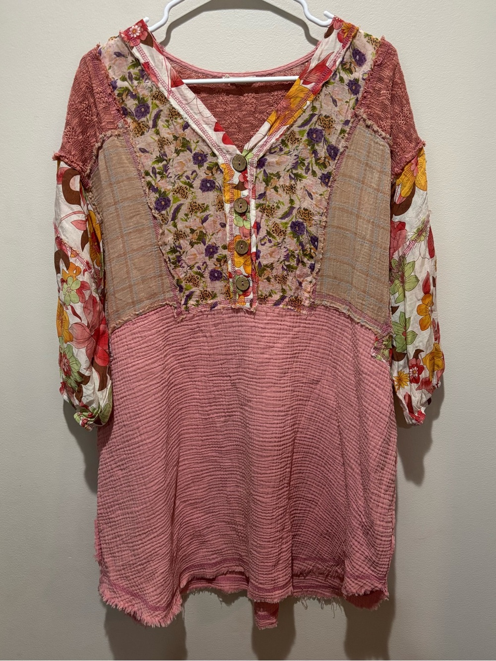 Easel Bohemian Floral Patchwork Pink Tunic Top Cottagecore Boho Cotton Flowy